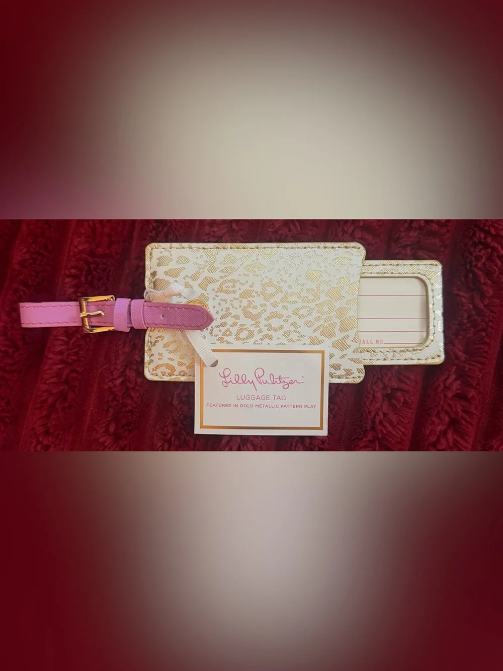 Lilly Pulitzer Metallic Gold Leopard Luggage Tag with Pink Strap